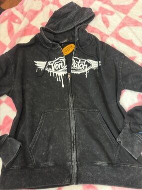 Von Dutch Black Washed Zip-Up Sweatshirt with White Logo